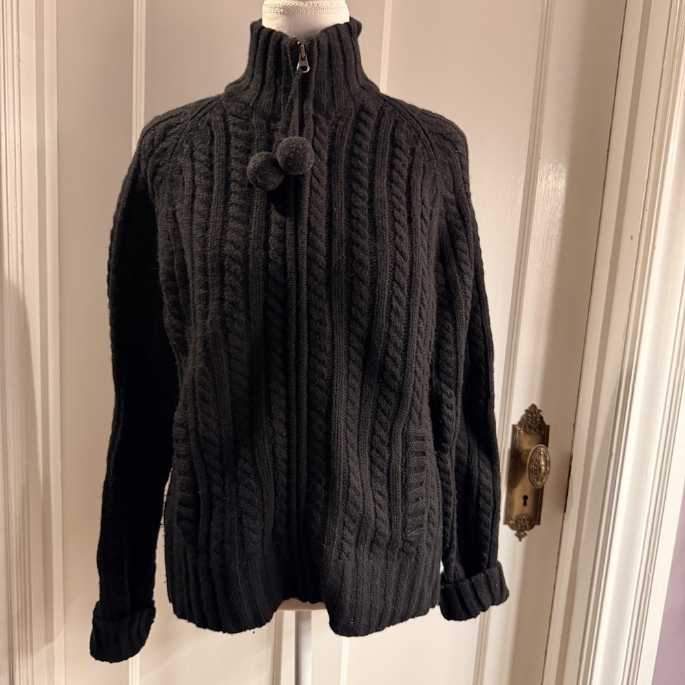 Gap VTG Sweater Womens Large Black Lambswool Full Zip Cableknit Mock Neck